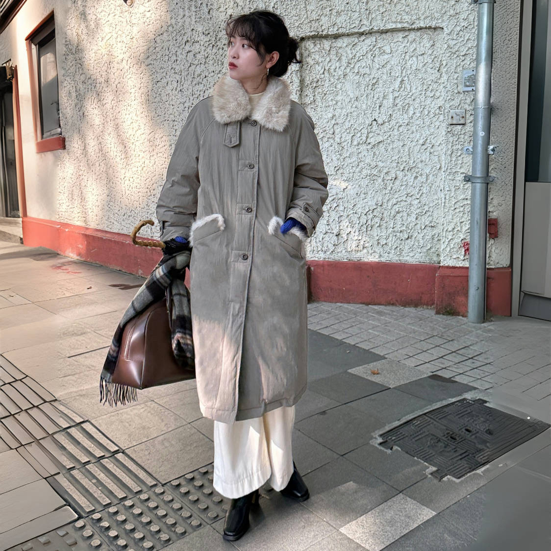 好在 北海初雪 小个子150巴恩风可拆卸仿水貂毛领90白鸭绒羽绒服 - 图0