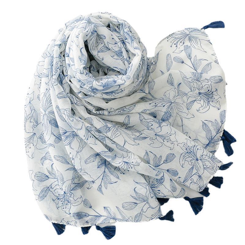 Cotton and linen feel scarf, fresh blue, white background, - 图1