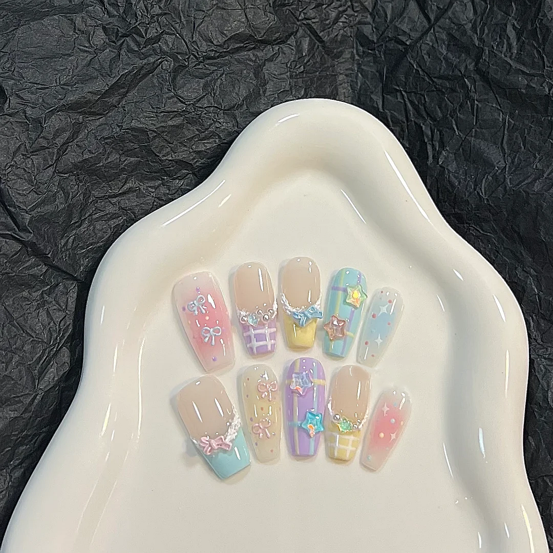 穿戴甲显白2024新款可爱夏日星星马卡龙手工定制美甲成品指甲贴片,淘宝优惠券,粉丝福利购,淘宝优惠卷