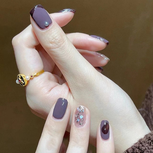 穿戴甲假指甲贴片黑紫跳色涂鸦贝壳手工定制气质显白秋冬少女辣妹 - 图1