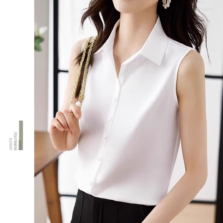 白衬衫女无袖上衣翻领内搭高级感女雪纺衬衣女春夏季西装打底背心 - 图0