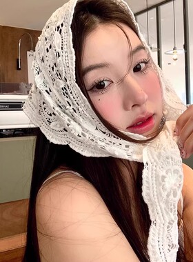 春夏白色镂空钩花三角巾头巾屁帘