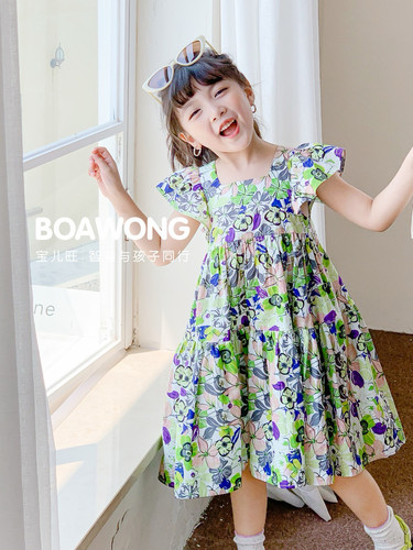 宝儿w绿色碎花连衣裙，棉布裙，舒适透气，同款红色，0988 - 图0
