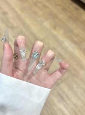 手工穿戴甲冰透裸渐变蓝绿色微笑猫眼高级爆闪满钻锆石可拆卸美甲