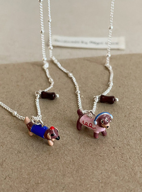童趣彩色滴油腊肠狗吊坠项链女小众设计感个性独特精致颈链锁骨链