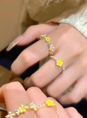 雏菊小花珍珠戒指女甜美小众设计感食指戒精致轻奢高级感指环