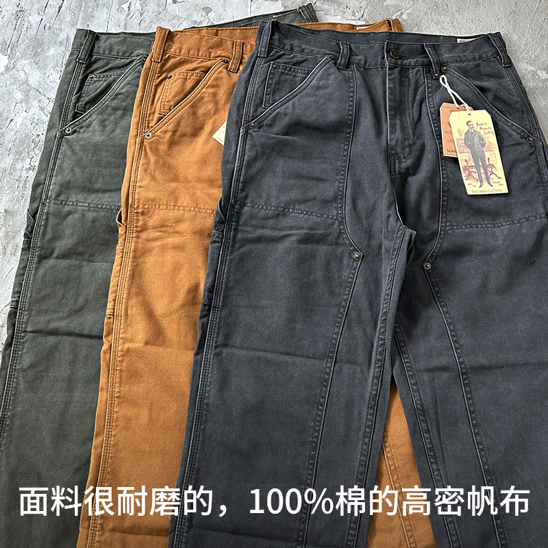 美式复古B01伐木工装裤宽松直筒帆布双膝阿美咔叽休闲男重磅长裤 - 图0