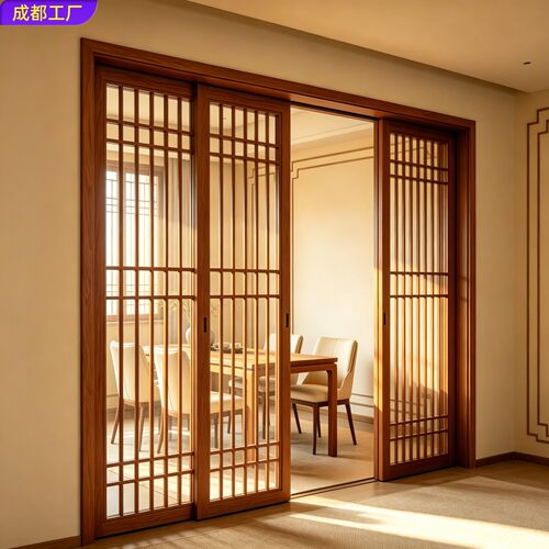 吊轨门隔断门窗长虹玻璃门包间平开房门实木门原木门三联动推拉门 - 图3