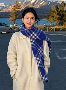 克莱因蓝色格子围巾女款2026新款冬季保暖百搭显白披肩围脖