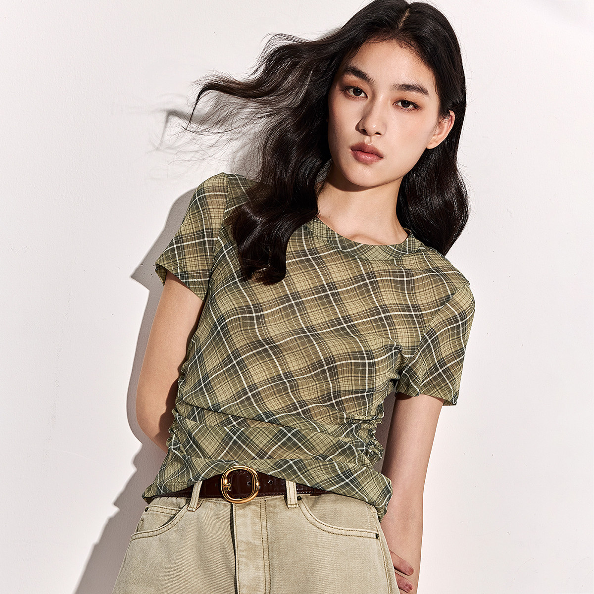 【热销补货】欧时力T恤女2026夏季菱格印花