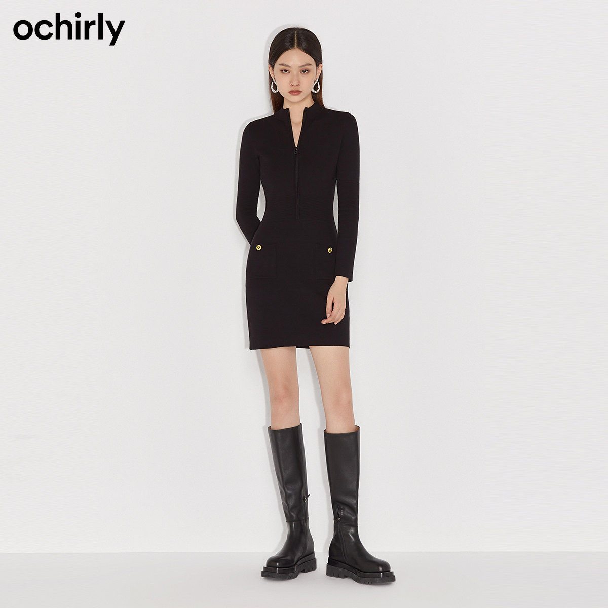 黑标系列欧时力新款冬装拉链连衣裙 ochirly连衣裙