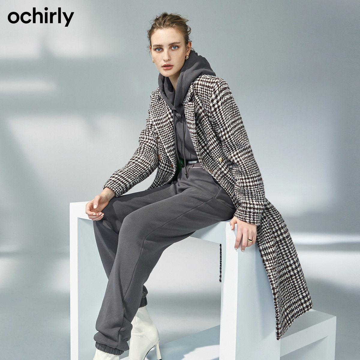 baby明星欧时力2021新款格子呢大衣 ochirly毛呢外套