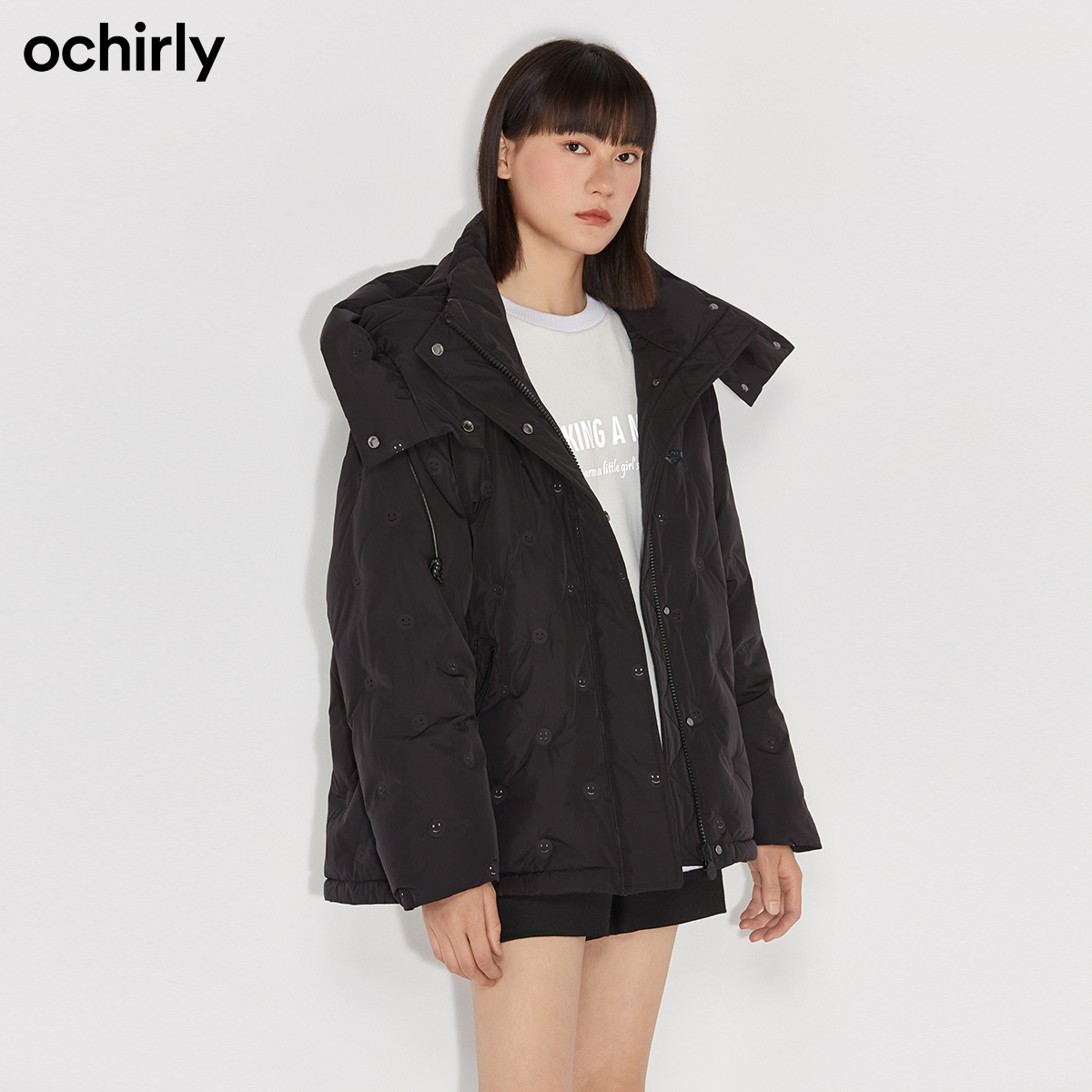 直降欧时力2021新款冬装笑脸压花帽 ochirly羽绒服