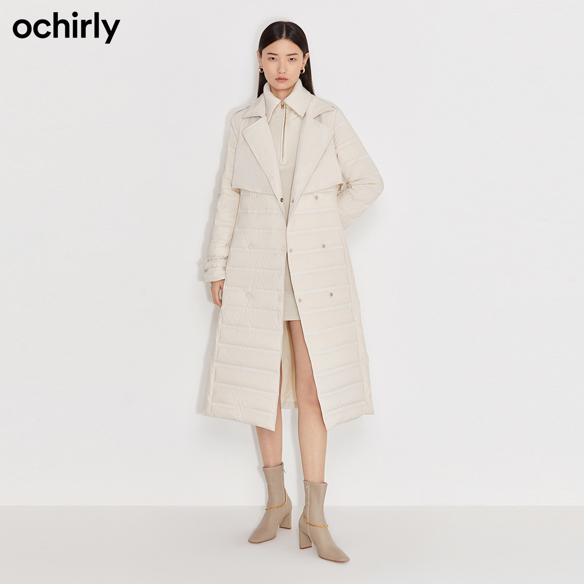 2件9折欧时力2021新款秋冬腰带长款 ochirly羽绒服