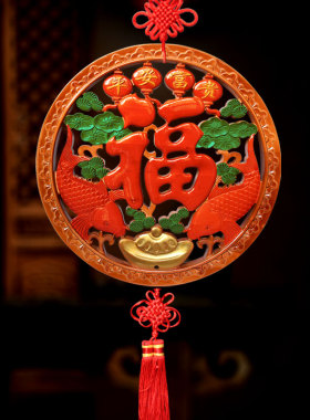 桃木福字中国结挂件小号富贵鱼