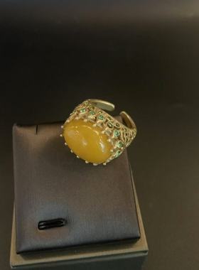 新中古复古祖母绿红色黄色天然石开口可调节戒指女感