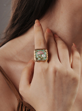 中古金莫奈花园戒指珍珠拉丝戒指轻奢食指戒复古气质手饰