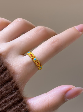 新中式金色镂空食指戒指女复古轻奢感指环小众设计精致配饰品