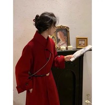 Capacity Kiss red double-sided cashmere big coat woman autumn winter new retro in the middle of a long fur coat