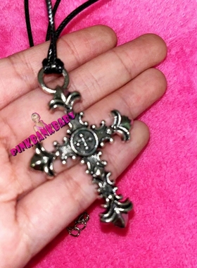 pinkbankbaby原创手作小众个性朋克金属哥特十字架皮蜡绳项链