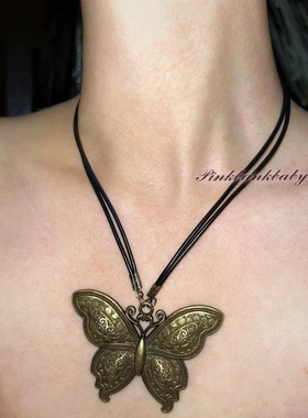 原创设计新中式复古y2k美拉德vintage做旧蝴蝶皮双层蜡绳项链女