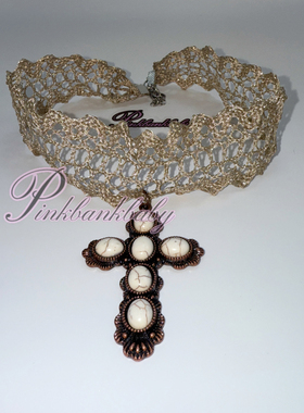 Pinkbankbaby原创自制y2k辣妹个性镂空复古松石十字架项圈choker