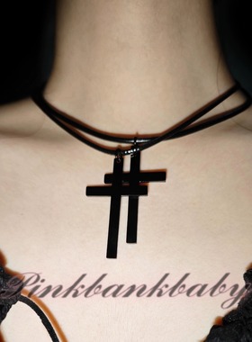 pinkbankbaby原创自制哥特朋克亚文化黑曜石十字架牛皮项圈颈链