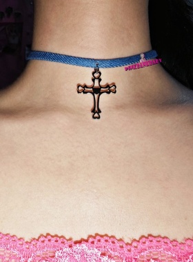 pinkbankbaby原创设计y2k复古小众牛仔十字架吊坠项圈颈链choker