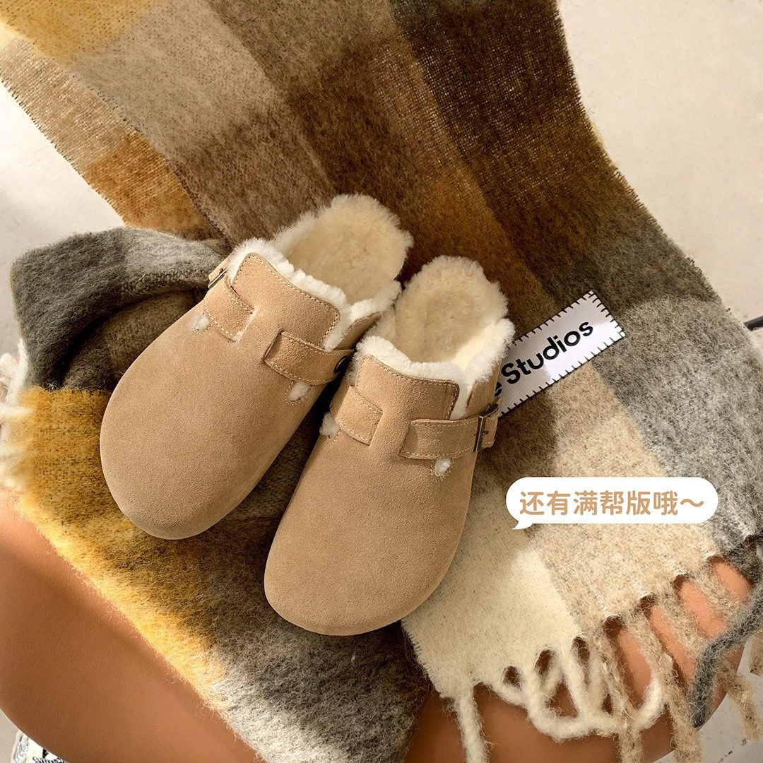 【葡萄妈同款]真皮版~复古真皮内增高毛毛勃肯单鞋女包头半拖,淘宝优惠券,粉丝福利购,淘宝优惠卷