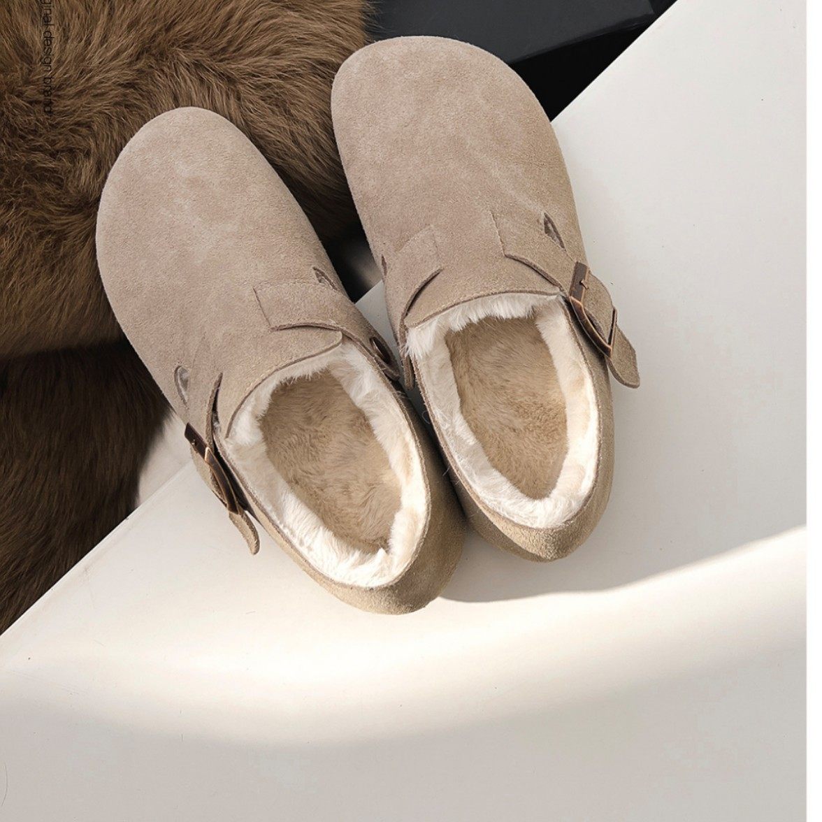 【葡萄妈同款]真皮版~复古真皮内增高毛毛勃肯单鞋女包头半拖,淘宝优惠券,粉丝福利购,淘宝优惠卷