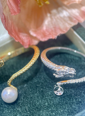 龙元素灵动设计铜镀金珍珠戒指