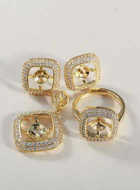 DIY珍珠配件新款铜镀金方形镶钻戒指耳饰吊坠空托套装轻奢显气质