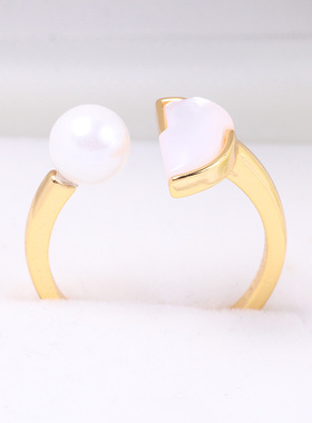 铜镀18K金半圆形贝壳珍珠戒指