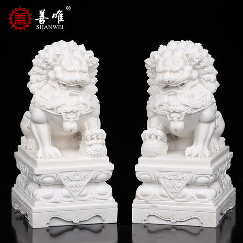 天然汉白玉大理石含球精雕小石狮子一对看门家用墓地石雕摆件 - 图0