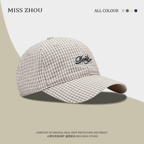 韩国新款格子字母刺绣鸭舌帽子男女夏季百搭宽檐软顶棒球帽显脸小 - 图2