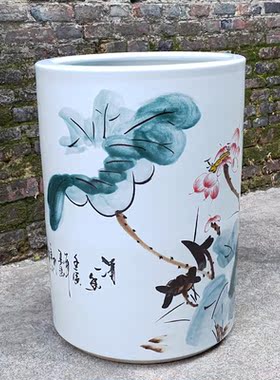 景德镇陶瓷器字画收纳筒字画桶手绘荷花箭筒卷轴缸书画缸摆件花瓶