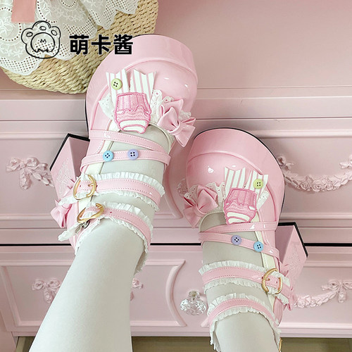 萌卡酱lolita原创设计夏日甜心厚底高跟鞋粗跟jk制服鞋lo鞋可爱 - 图0