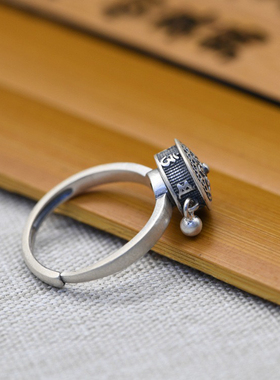 民族风925银梵文文字 转运指环可转动 复古做旧女款活口纯银戒指