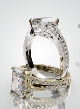 18K金长小八角方形主石四爪镶双排分臂戒轻奢小众设计婚戒可定制