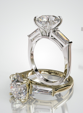 18K金圆形主石四爪镶梯方石侧镶戒轻奢小众设计婚戒可定制食指戒