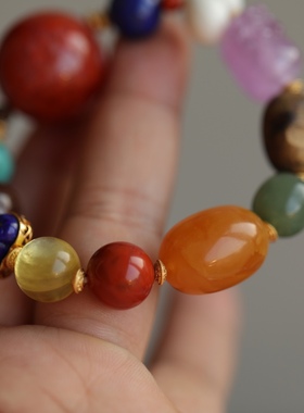 高端定制天然南红大单珠搭配天然原矿松石配珠纯银鎏金镶嵌青金石