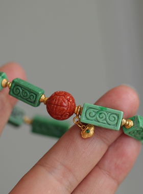 高端天然翡翠A货精雕回纹桶珠超美的翠色天然红翡纯银鎏金如意63