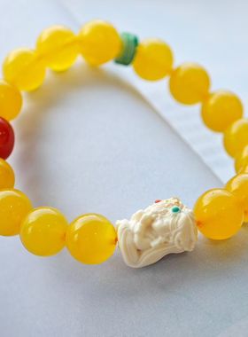 天然无优化满蜜鸡油黄新蜜蜡珠手链蜡质醇厚色泽油润细腻搭配南红