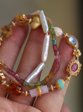 高端定制天然碧玺随形搭配巴洛克牙签珍珠纯银鎏金镶嵌石榴石64