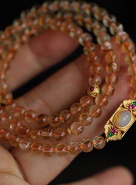 天然巴西黄水晶多圈搭配纯银鎏金镶嵌欧珀如意牌宝石级搭配两用款