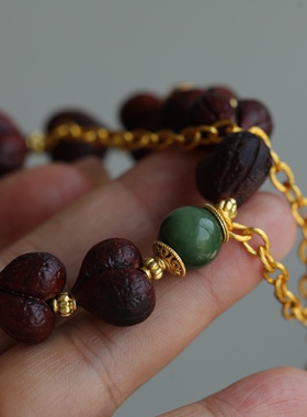 天然小叶紫檀精雕屁桃手链天然碧玉配珠纯银鎏金镶嵌碧玺古法配饰