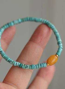 精品一枚天然原矿松石盘珠手链高瓷高蓝正宗湖北松搭配天然老蜡63