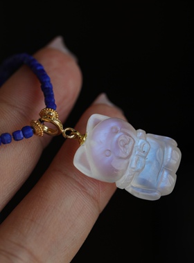 超美的锁骨链天然蓝月光立体精雕小熊吊坠配天然青金石磨面小方糖