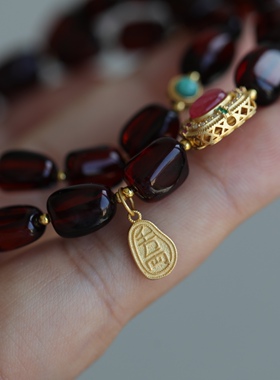 天然血珀随形双圈手链超美的净水料配纯银鎏金镶嵌红宝石微镶锆石