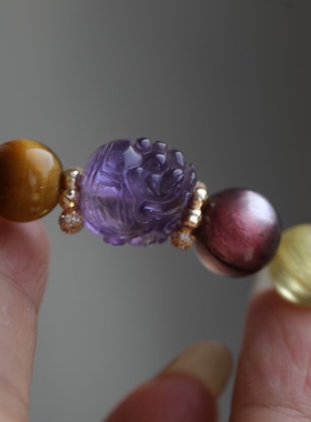 高端定制天然紫水晶精雕龙龟寓意富甲一方搭配金虎眼太阳石灰兔毛